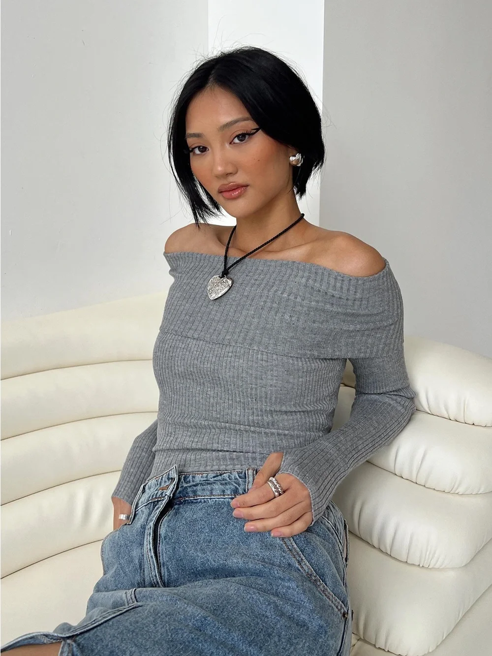 Princess Polly Morley Off Shoulder Sweater Grey Marle